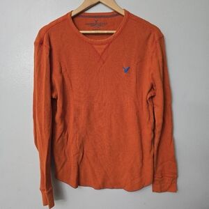 American Eagle Shirt Men Medium Orange Thermal Waffle Classic Long Sleeve Y2K
